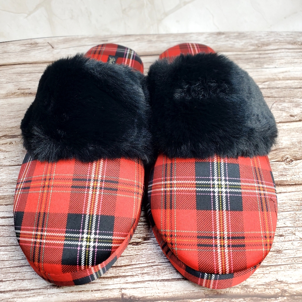 Victoria's Secret Red and Black Tartan Slippers